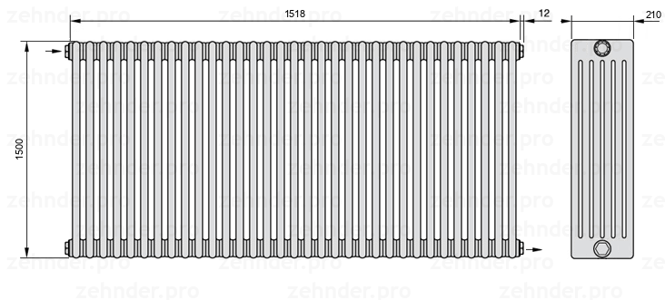 Схема (чертеж) Радиатор Zehnder Charleston 6150/33 №1670 Белый глянцевый RAL 9016